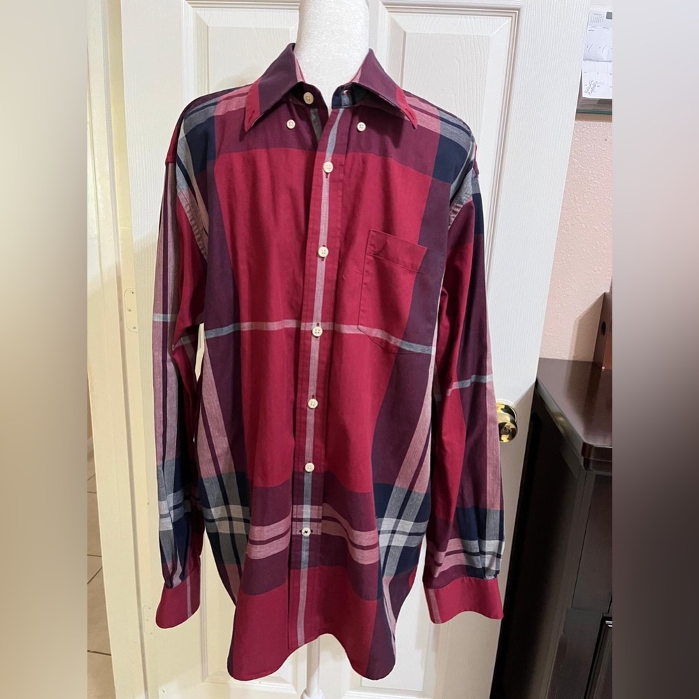 (2)Náutica Burgundy and navy plaid button-up shirt